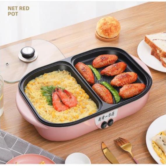 Nồi Lẩu Đa Năng 2 in 1 Có Tay Cầm Tiện Dụng, Nồi Lẩu Nướng Mini 2 ngăn Cao Cấp Bảo hành 6 tháng