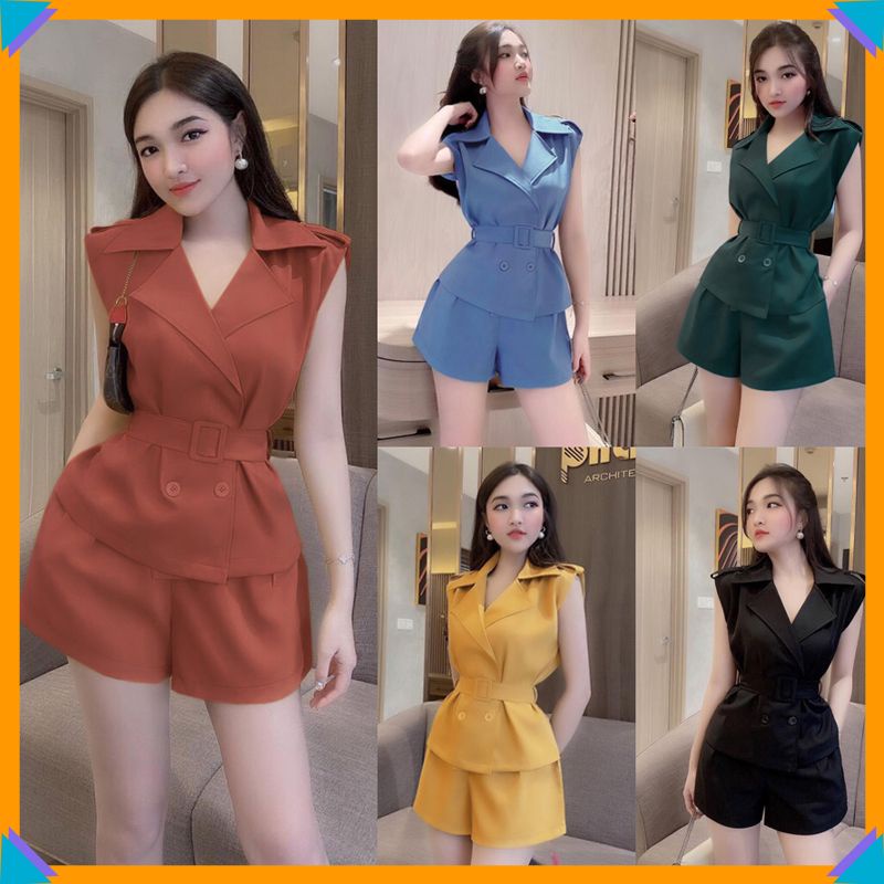 Đồ Nữ 🌸FREESHIP🌸 Set nguyên bộ quần short lưng thun áo cổ vest kèm belt rời J1168