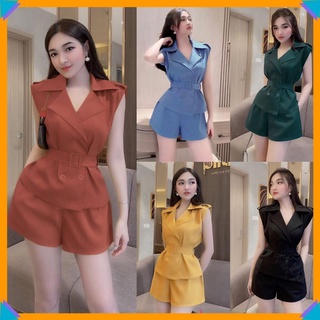 Đồ Nữ 🌸FREESHIP🌸 Set nguyên bộ quần short lưng thun áo cổ vest kèm belt rời J1168