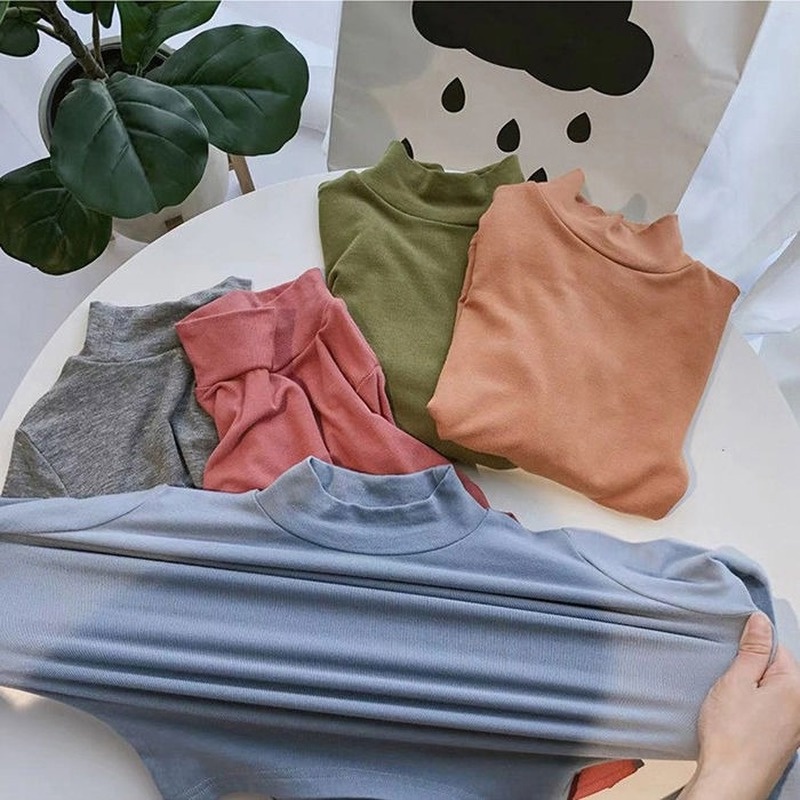 Áo Thun Tay Dài Cổ Lọ Màu Sắc Đơn Giản Dễ Phối Đồ Cho Bé Gái
