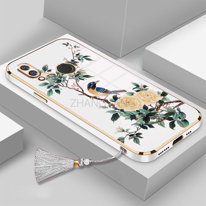 ốp lưng Huawei y7 2019 y7 prime 2019 y7 pro y6 2019 y6s y6 pro 2019 Vỏ điện thoại di động TPU hoa văn chim và hoa được mạ điện có dây buộc tua