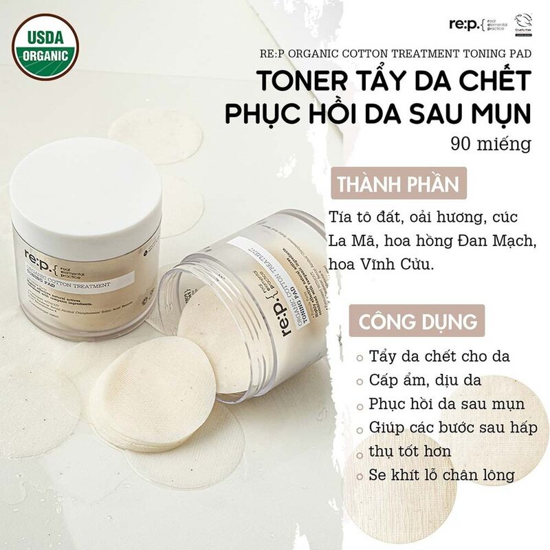 Toner Tẩy Da Chết Re:p Phục Hồi Da Sau Mụn 90 Miếng Organic Cotton Treatment Toning Pad