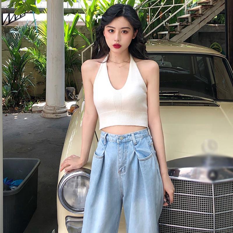 Women Sexy Tank Tops Hanging Halter Short  Korean Fashion Solid Color Camisole Tops