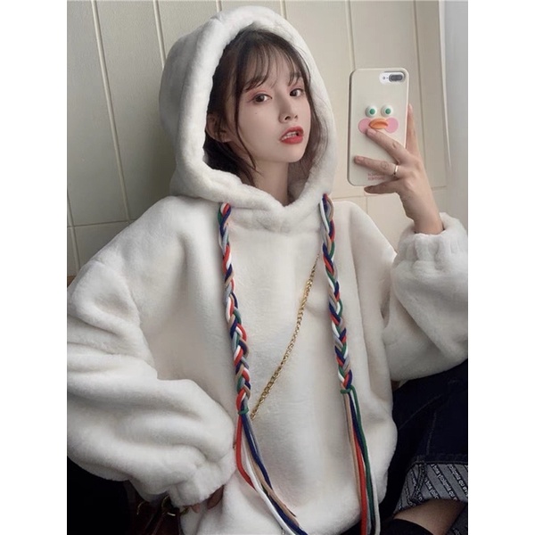 Áo Hoodie Lông Dây Đan Phối Màu 🦋 Áo Khoác Dáng Rộng Kèm Mũ 3 Màu 🦋