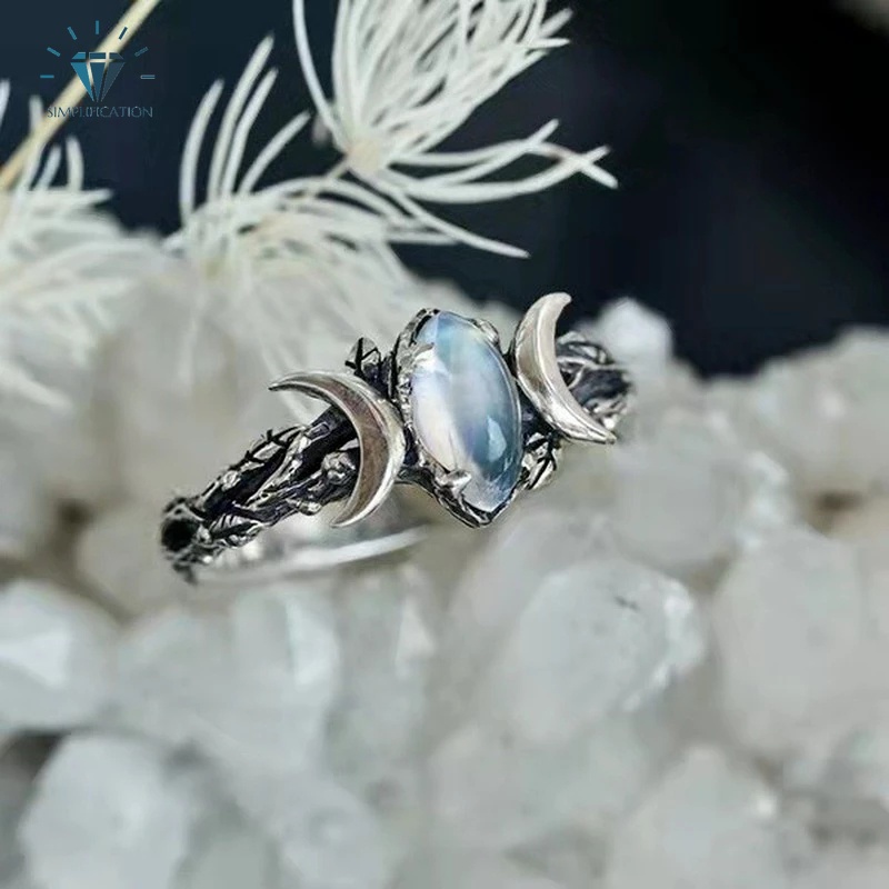 Nhẫn đeo tay kim loại đính đá mặt trăng màu sắc cổ điển