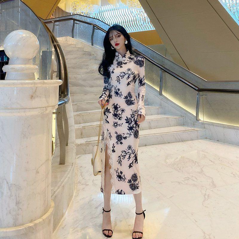 Long cheongsam with forked lace edge, socialite retro temperament, fashionable slim figure, long-sleeved dress with buttocks, female spring