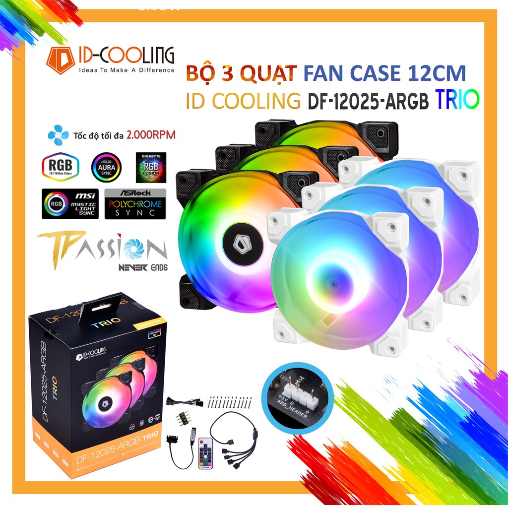 Bộ kit 3 Quạt Fan Case 12cm ID-Cooling DF-12025 ARGB TRIO - DF12025 led ARGB đẹp, hiệu năng tốt, hub, remote không dây