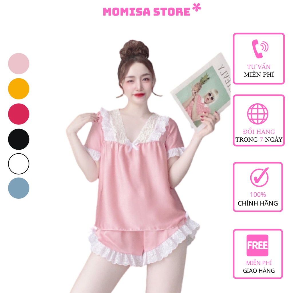 Đồ ngủ nữ,đồ bộ mặc nhà phong cách tiểu thư dễ thương MOMISA06 chất lụa satin phối ren bèo mềm mịn | BigBuy360 - bigbuy360.vn