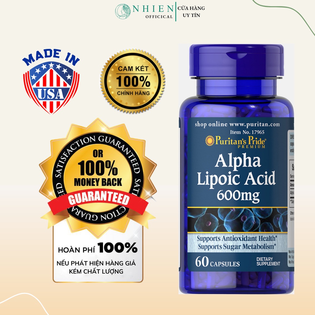 Viên uống đẹp da, chống lão hóa, trắng da, mờ thâm nám Alpha lipoic acid Puritan's Pride -  300mg – 600mg 60v