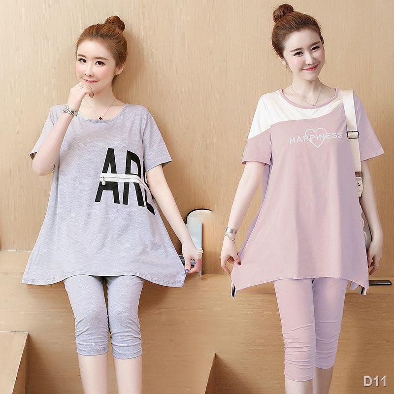 👗AOHUI👗Bộ đồ bà bầu mùa hè thời trang áo ngắn tay lửng + áo nâng bụng quần 7 điểm hai mảnh bụng lớn quần áo mẹ bầu