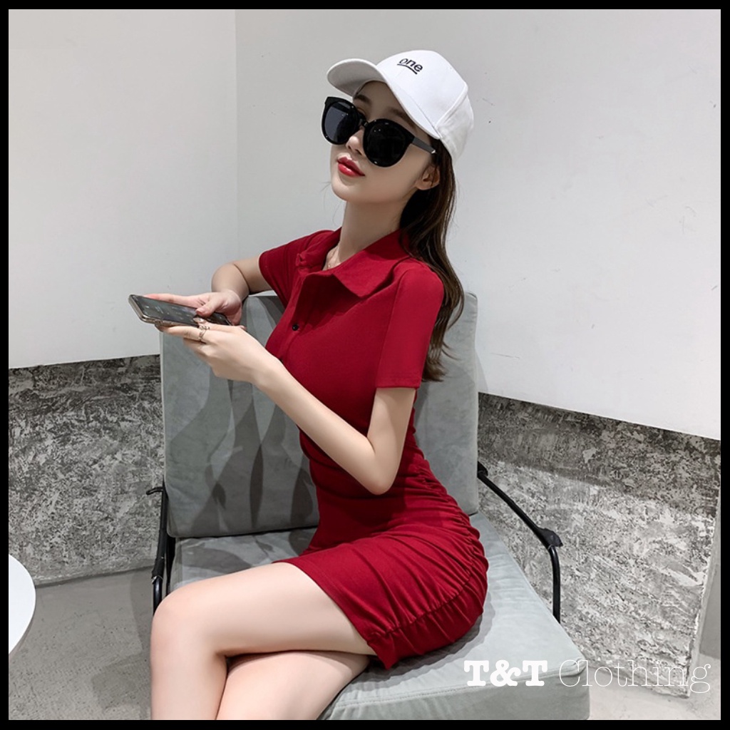 Đầm body trơn cổ bẻ gài nút | Đầm ôm sexy tôn dáng 💃By 23t.shop | BigBuy360 - bigbuy360.vn