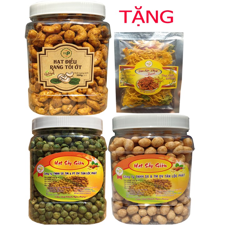 Combo 3 Hũ: 500g Hạt Điều Tỏi Ớt-500g Đậu Phộng Cốt Dừa-500G Đậu Hà Lan Sấy TẶNG 1 Bịch Khô Gà