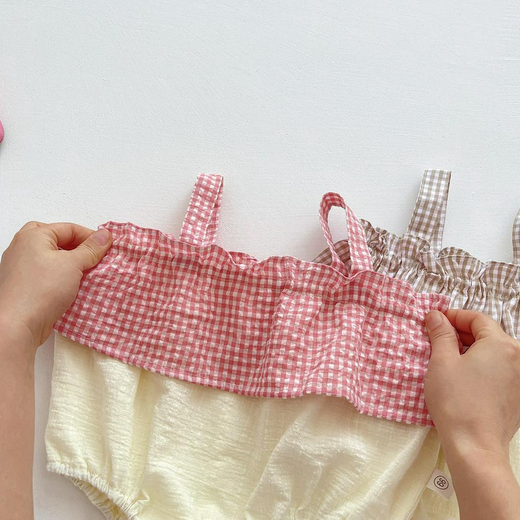 Áo liền quần Cotton Kẻ SọC Caro + Mũ Cho Bé GáI