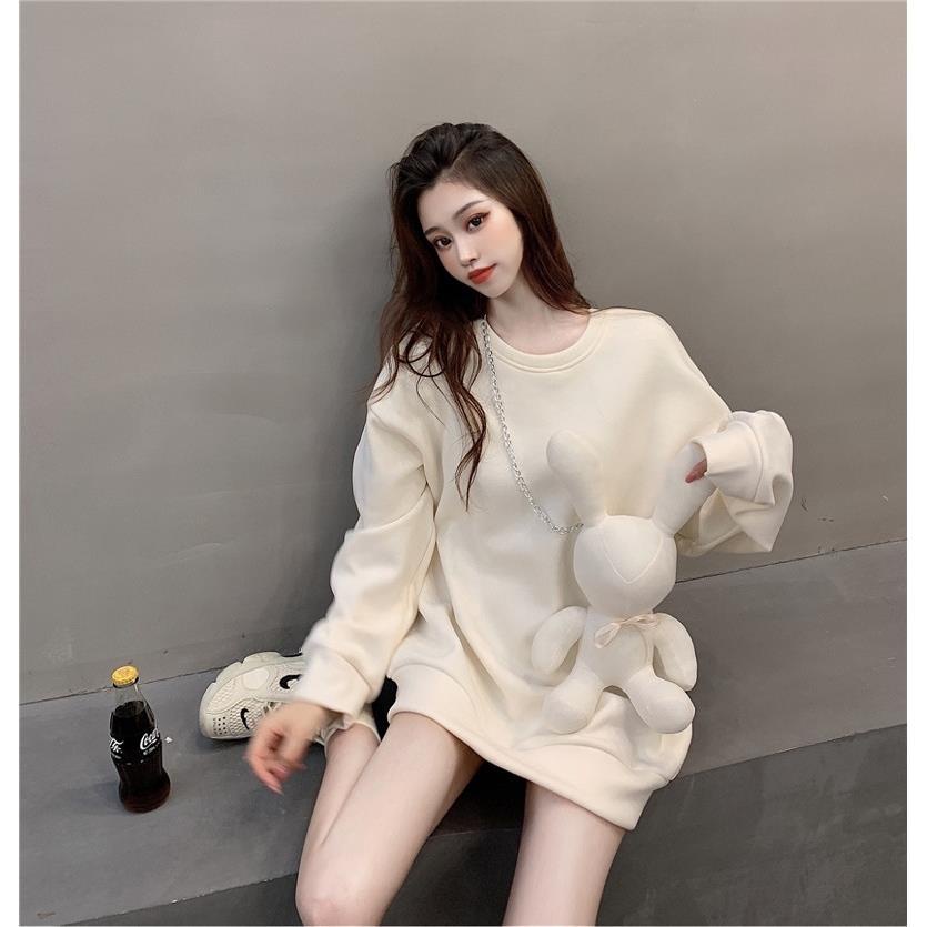 2022 autumn and winter new loose medium-long style solid color round neck pullover thickened sweater female rabbit decorative blouse