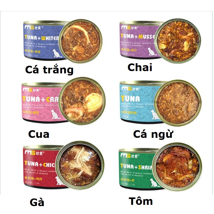 Doremiu- Thịt cá ngừ đóng hộp lớn (Lon 170gr 6 vị) đồ ăn vặt cho mèo mọi lứa tuổi Pate từ thịt cá ngừ thật 100%