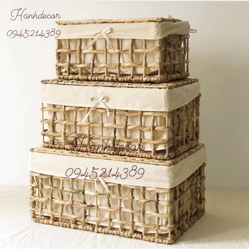 Giỏ mây đựng đồ đan vặn cỡ lớn có nắp đậy tiện dụng HANHDECOR, Sọt vintage có vải lót trang trí nhà cửa