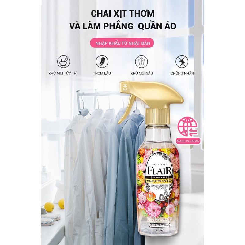 Xịt thơm và làm phằng quần áo 2 in 1 Flair 270ml, chai xịt thơm quần áo Kao chính hãng, xịt phẳng áo quần nội địa nhật
