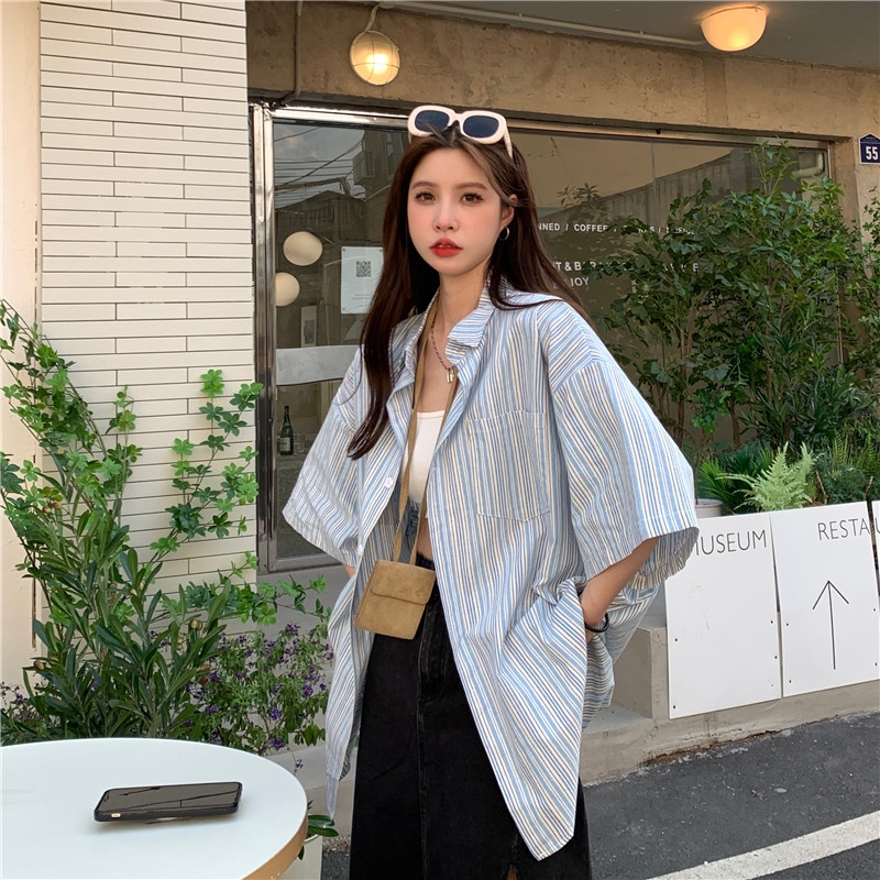 Áo Sơ Mi Tay Ngắn Họa Tiết Sọc Thời Trang Phong Cách vintage Cho Nữ