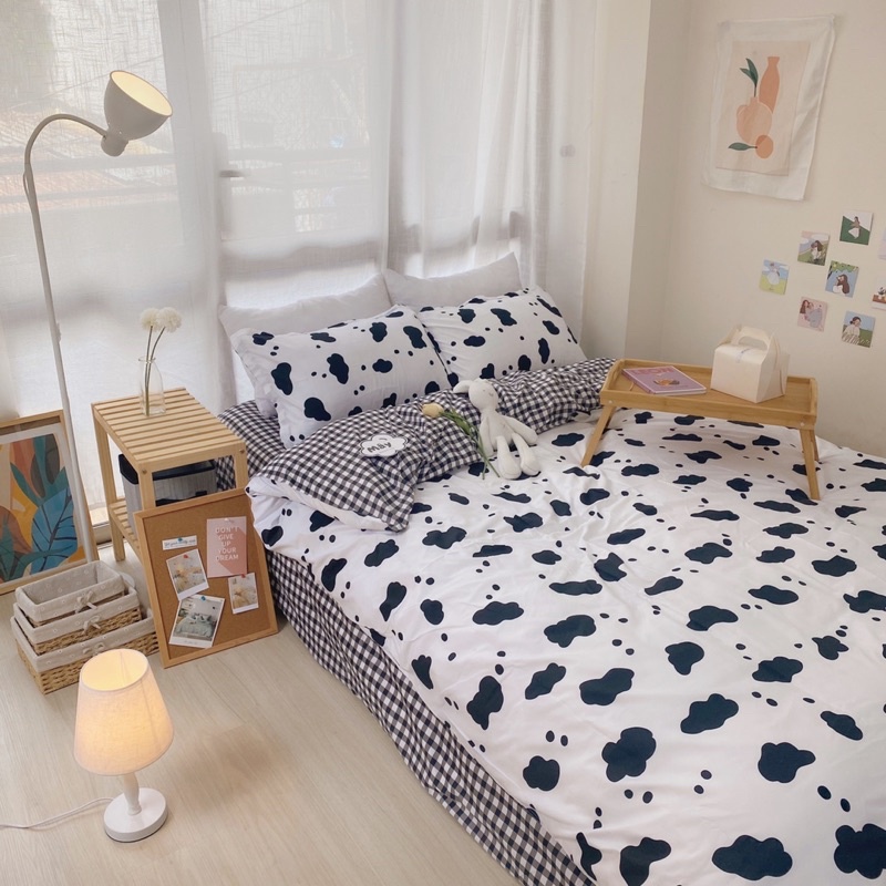 Bộ chăn ga gối cotton poly hoạ tiết bò sữa Mây Bedding