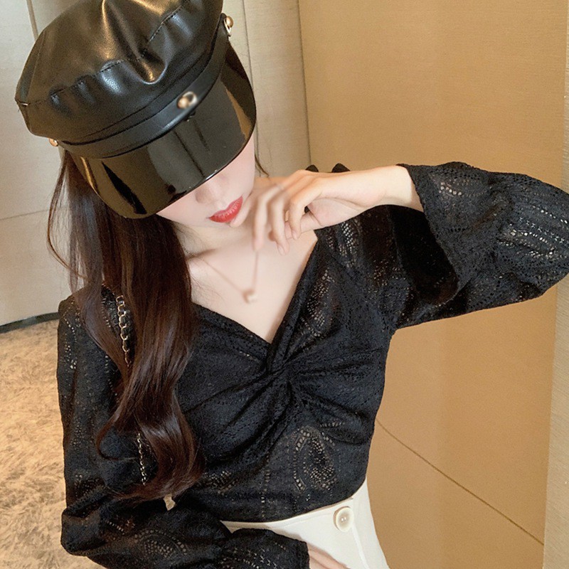 Áo Kiểu Tay Loe Cổ Chữ V Phối Ren Xinh Xắn Thời Trang Cho Nữ