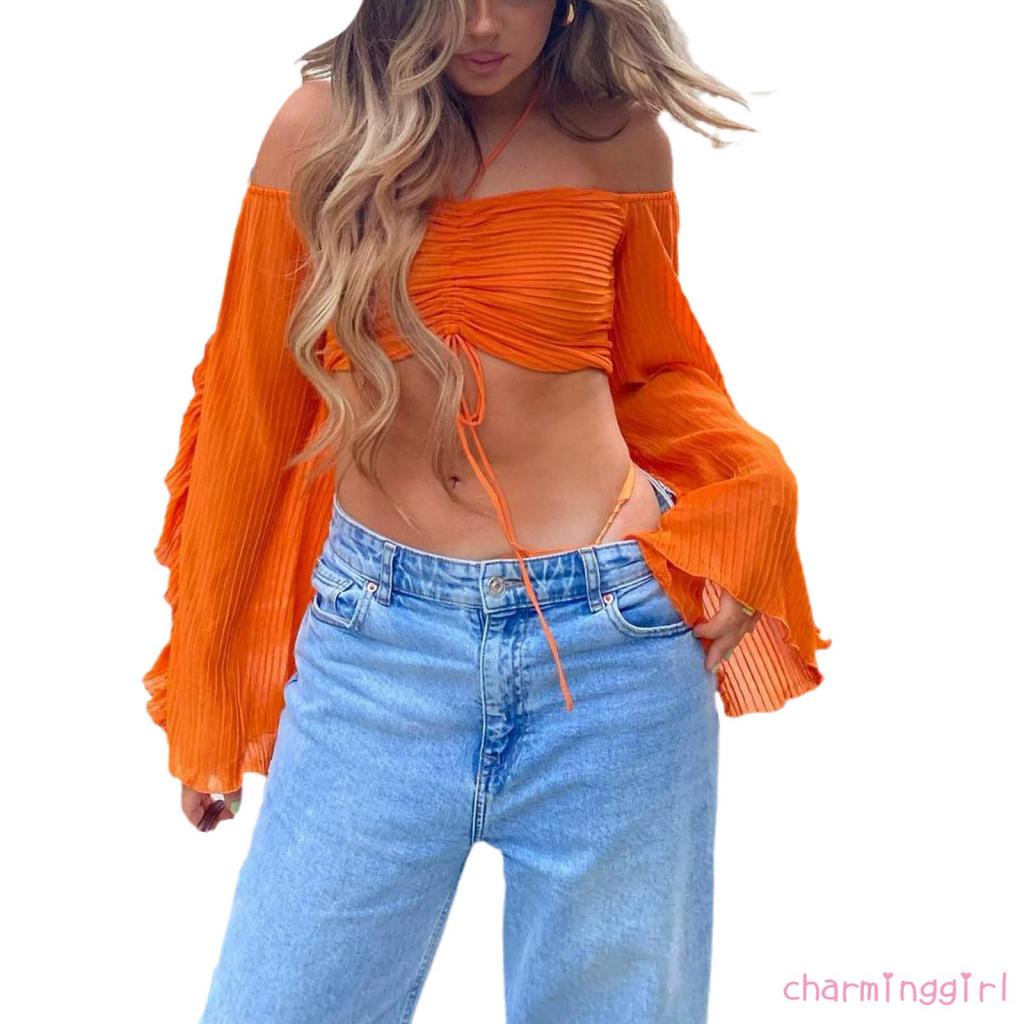 QAQ-Women´s Off Shoulder Short Tops Long Sleeve Halter Neck Solid Color Ruched Crop Tops