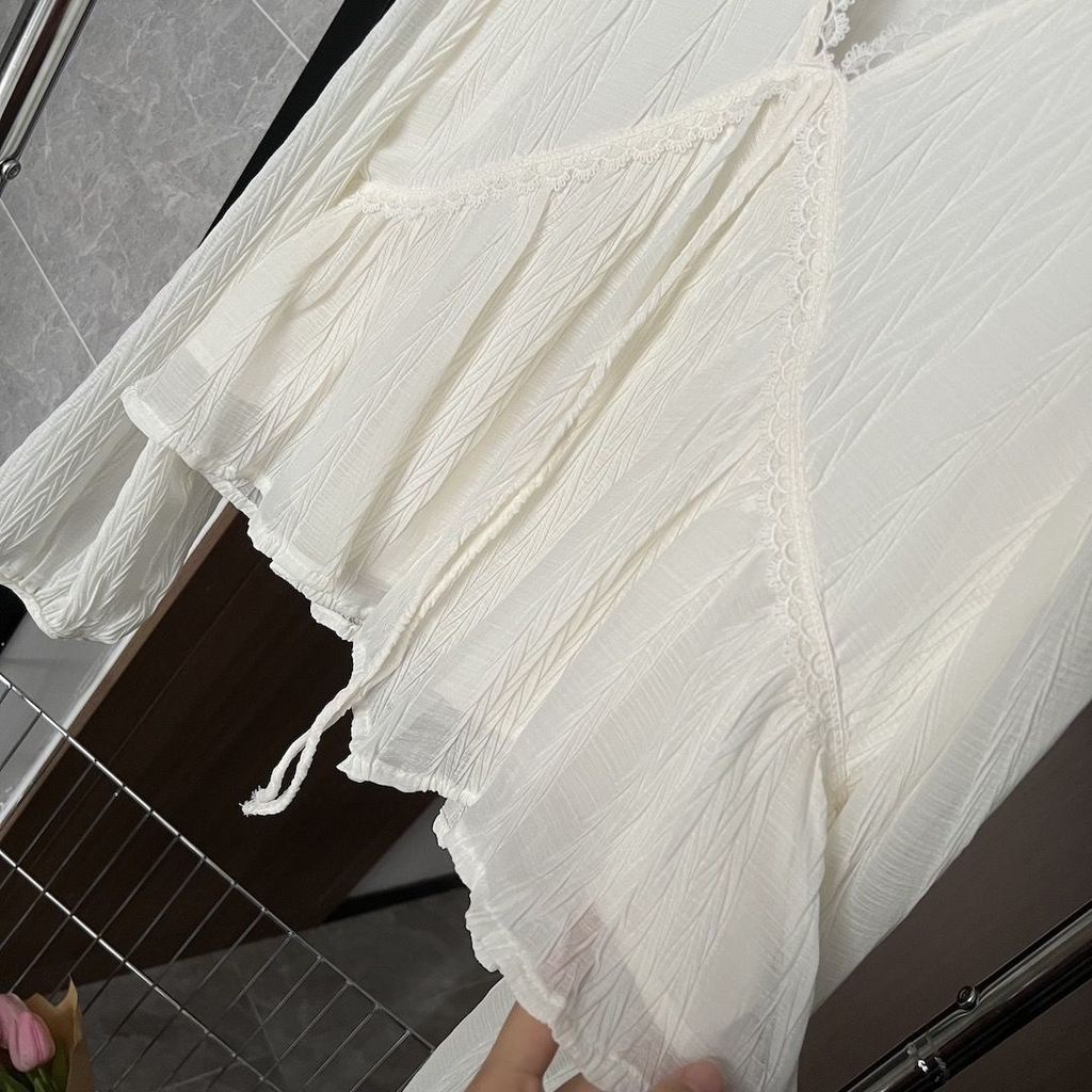 Áo Sơ Mi chiffon Phối Ren Cổ Chữ v Tay Dài Phong Cách Hàn Quốc Mới
