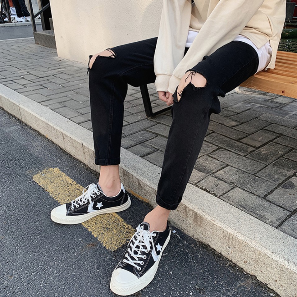 [Tiền Nào Của Đấy]Quần Jean Nam Rách Gối Màu Đen Vải Co Giãn, Không Phai Màu Dáng Skinny Phong Cách Hàn Quốc-J04