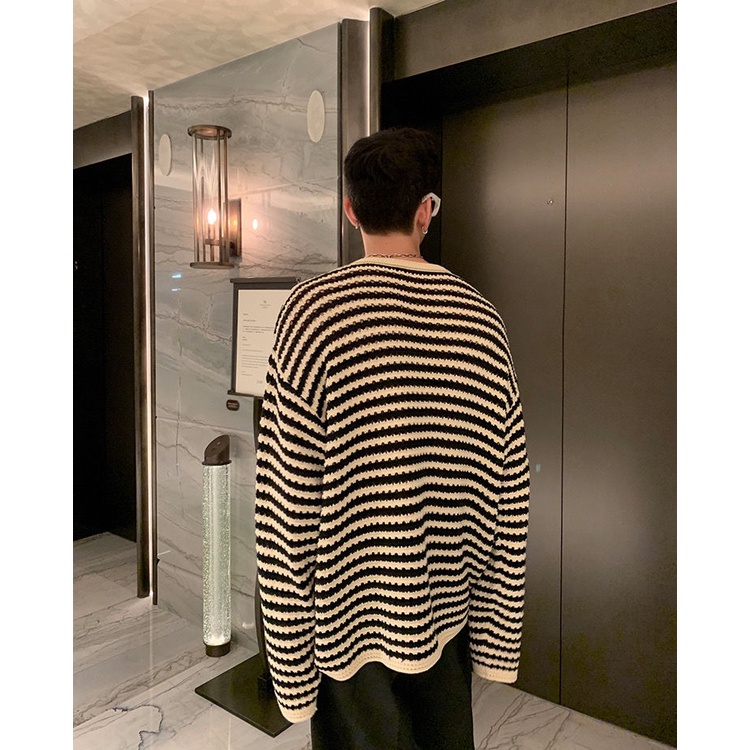 Áo Sweater Dệt Kim Cổ Tròn Họa Tiết Kẻ Sọc Màu Sắc Tương Phản Thời Trang Mùa Thu 2022 Cho Nam