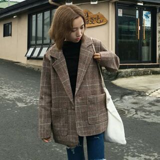 [ Order] Áo khoác dạ blazer kẻ nâu