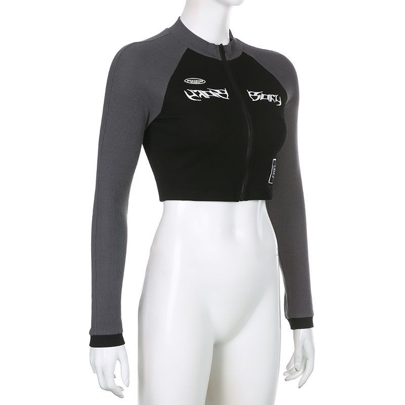 Áo Thun Ngắn Cổ Cao Dáng Ôm In Họa Tiết Phối Khóa Kéo Thời Trang Cho Nữ