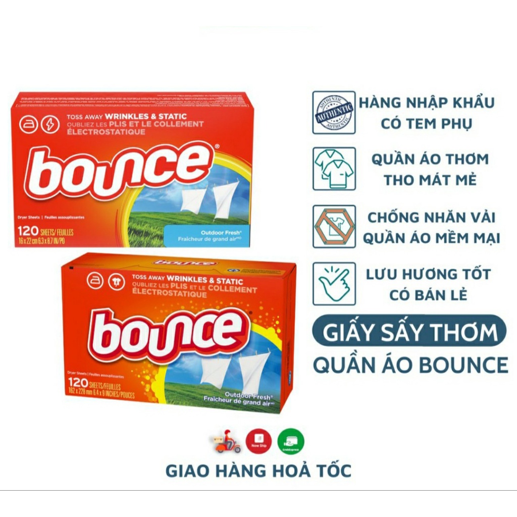 Giấy thơm Bounce - Tách lẻ 5 tờ giấy thơm quần áo và mềm vải BOUNCE Outdoor Fresh của Mỹ