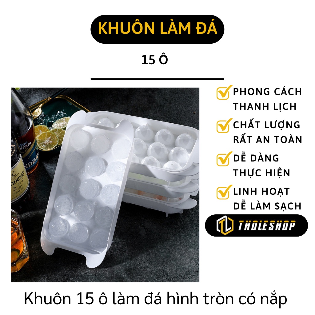 Khay Làm Đá Tròn - Khuôn 15 Ô Làm Viên Nước Đá, Thạch Dạng Tròn Cỡ Lớn Có Nắp 9900
