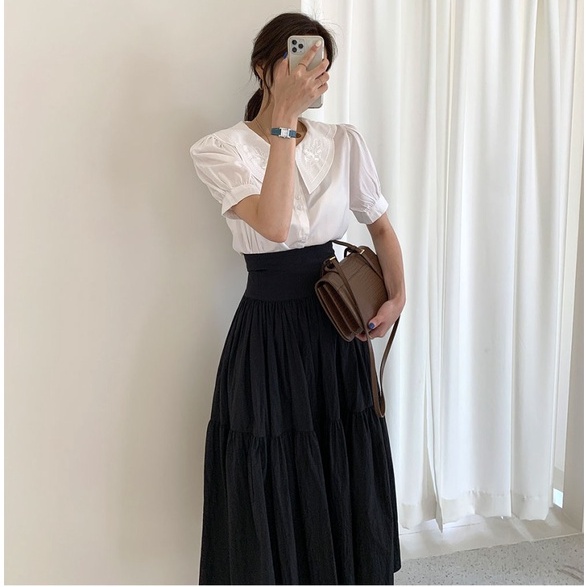 Áo Sơ Mi Trắng + Chân Váy Đen Dáng Dài Cạp Chun Búp Bê Kiểu Pháp Style Triệu Lộ Tư AC039