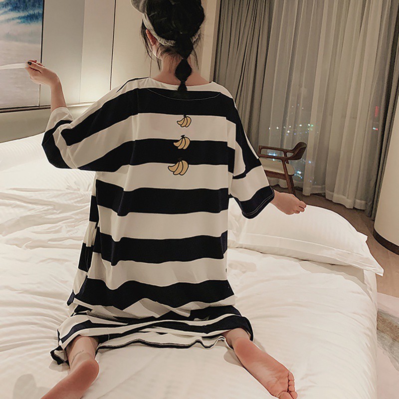 Đầm Ngủ Dáng Rộng Tay Ngắn Kẻ Sọc Dễ Thương Xinh Xắn Cho Nữ