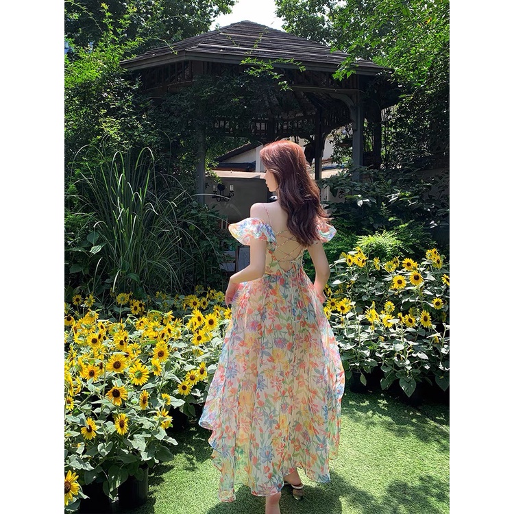 Đầm maxi hoa tay phồng phong cách cổ điển retro búp bê kiểu Pháp - Donna dress