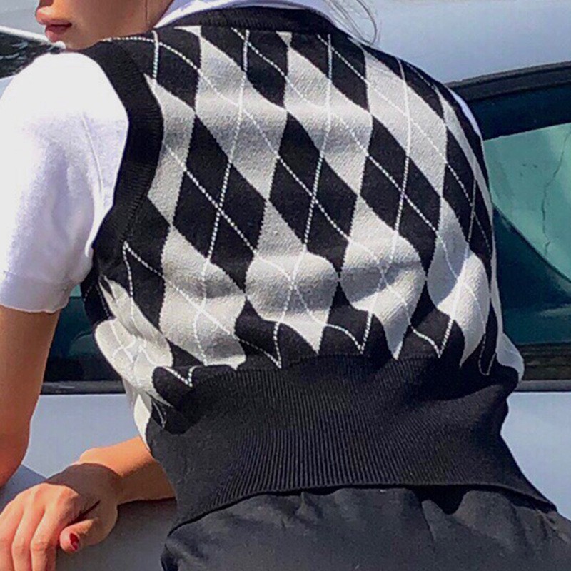  Áo Vest Dệt Kim Họa Tiết Hình Thoi Cá Tính Cho Nữ | BigBuy360 - bigbuy360.vn