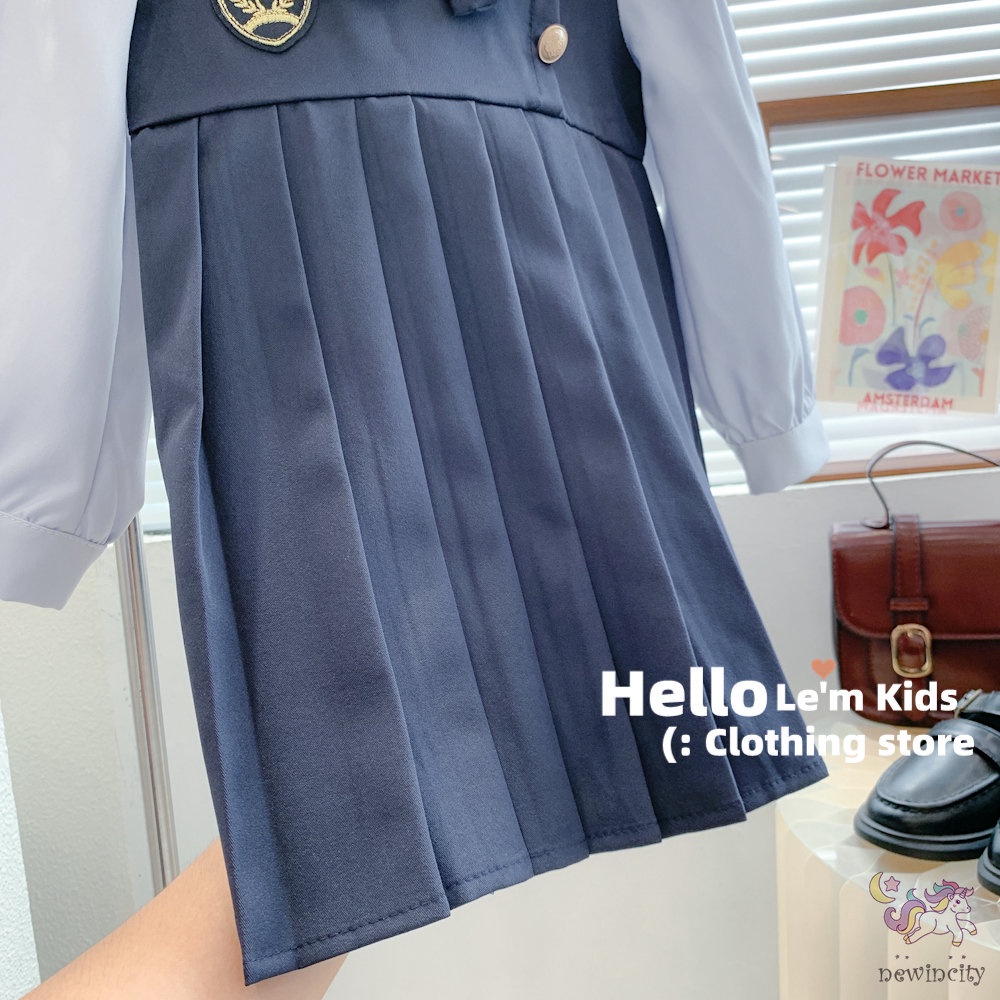 Bộ Áo Sơ Mi Đính Nơ + Chân Váy Xếp Ly Phong Cách Hàn Quốc Thời Trang Mùa Thu Cho Bé Gái