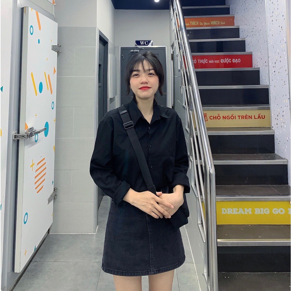 Áo Sơ Mi Nữ Tay Dài Cotton Lụa Hàn Form Rộng Unisex Màu Trắng Đen Đi Học, Đi Làm, Văn Phòng, Công sở - 539