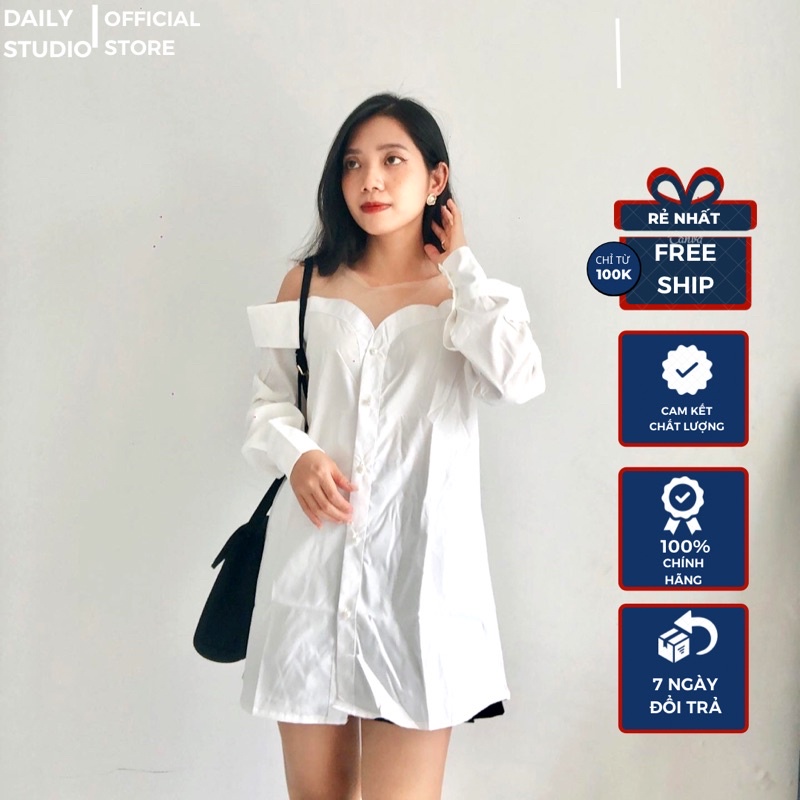 Áo trễ vai bánh bèo tiểu thư, trần trễ vai điệu, chất đẹp mầu trắng Áo Trễ Vai bánh bèo hở vai nút ngọc, Áo sơ mi rộng