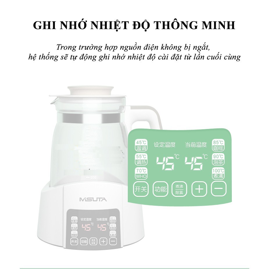 Máy đun nước siêu tốc hiển thị nhiệt độ, pha sữa cho bé màn hình điện tử MISUTA khử clo, giữ nhiệt 24h bảo hành 1 năm