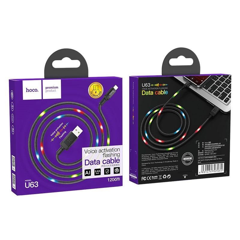 Cáp sạc và truyền dữ liệu Hoco U63 Spirit cổng microUSB Output 2,4A Max, QC3.0, dài 1.2M, có đèn Led nhấp nháy
