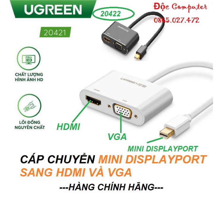 Cáp chuyển đổi Mini Displayport to HDMI và VGA cao cấp Ugreen 20421 20422 màu trắng/đen -Hàng chính hãng