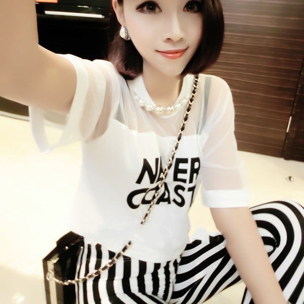 FREESHIP ĐƠN 99K_ Áo nữ tay ngắn in chữ phối lưới thời trang cá tính