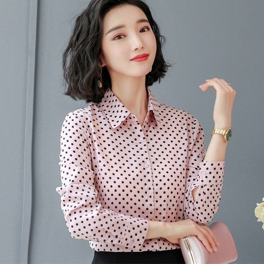 Áo Sơ Mi Nữ Dài Tay Phối Họa Tiết Chấm Bi EMEREY LUXURY Chất Vải Kate Đẹp Thời Trang Nữ Cao Cấp