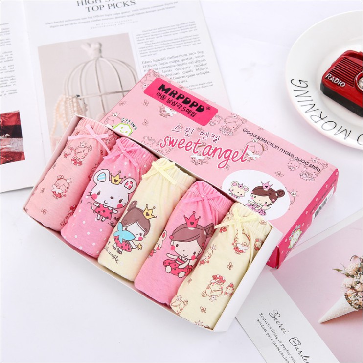 Set 5 quần xì trẻ em Hàn Quốc 100% vải cotton thoáng mát, an toàn cho sức khỏe mẫu Thiên Thần SweetAngel dành cho bé gái