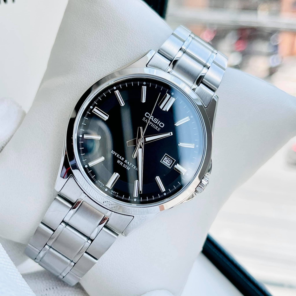 Đồng hồ nam dây thép mặt đen Casio MTS 100D-1AV kính Sapphire -  Pin 10 năm Bảo hành 1 năm Hyma watch