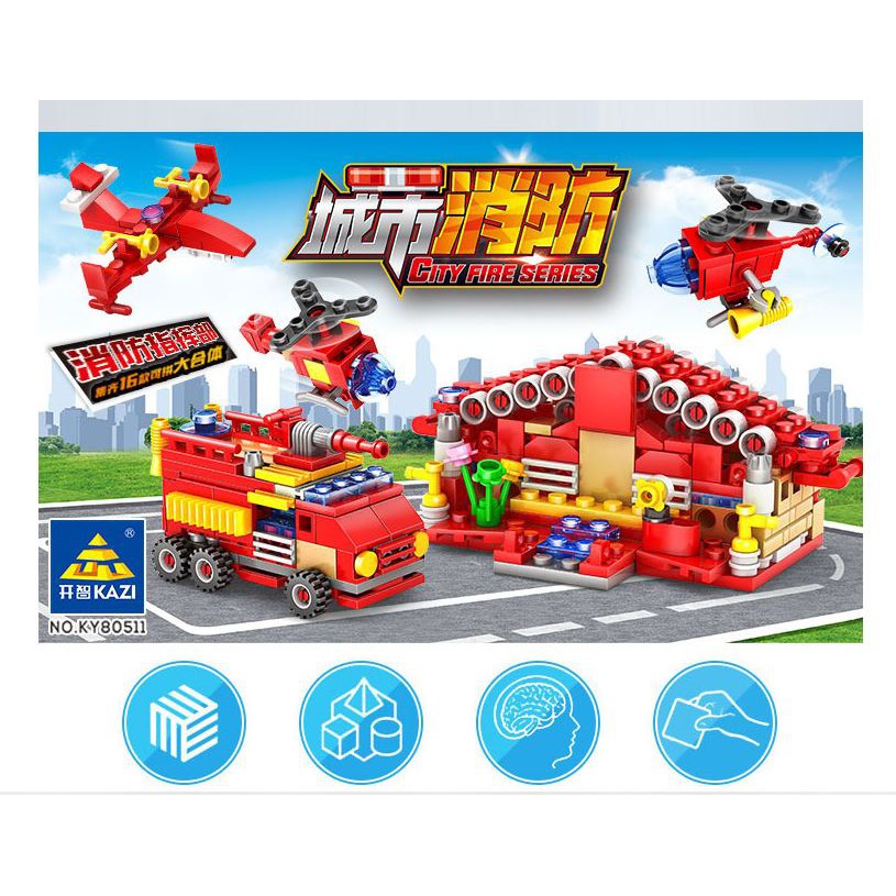 [544 CHI TIẾT] Bộ Đồ Chơi Lắp Ráp Xếp Hình Xe cứu hỏa, Xe chưa cháy, cảnh sát cứu hỏa 16 in 1