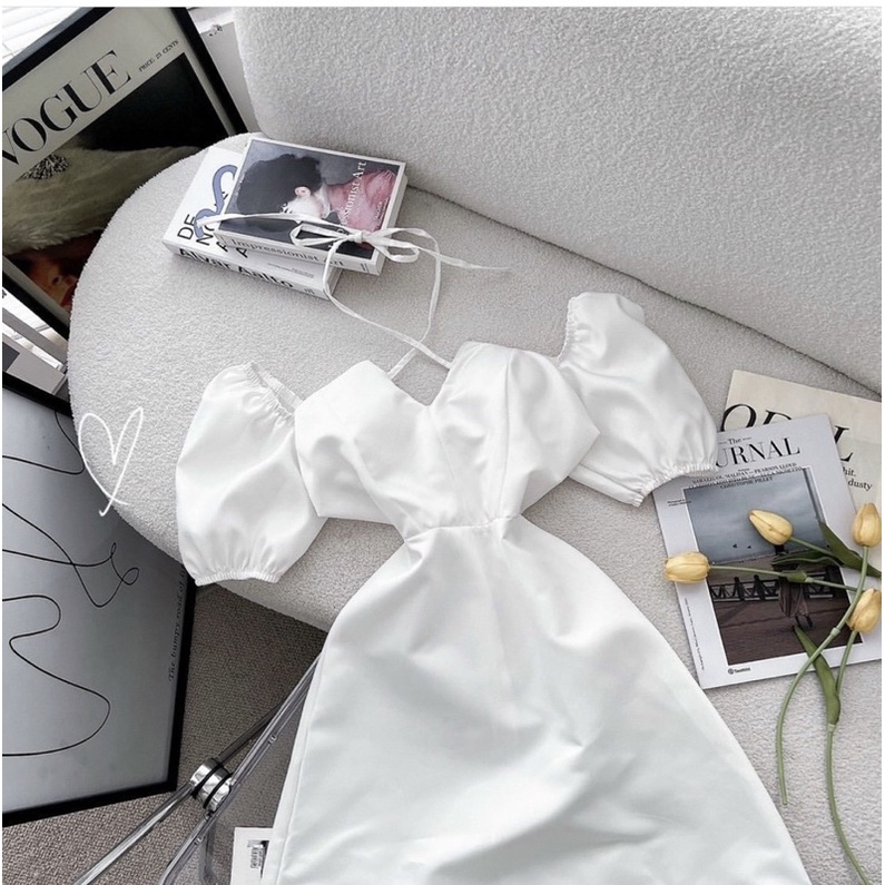 Đầm Nữ Tiểu Thư Sang Chảnh Dự Tiệc, Váy Cổ Yếm Mặc 2 Kiểu Trắng Đen Dây Cổ Khoét Ngực (đầm khoét ngực)