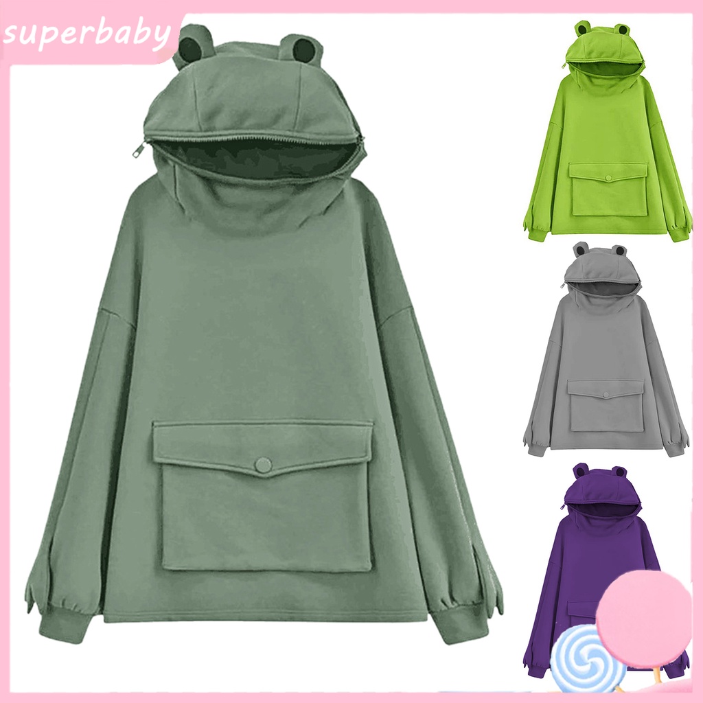 Áo khoác hoodie dài tay hình chú ếch dễ thương phối túi thời trang thu đông cho nữ
