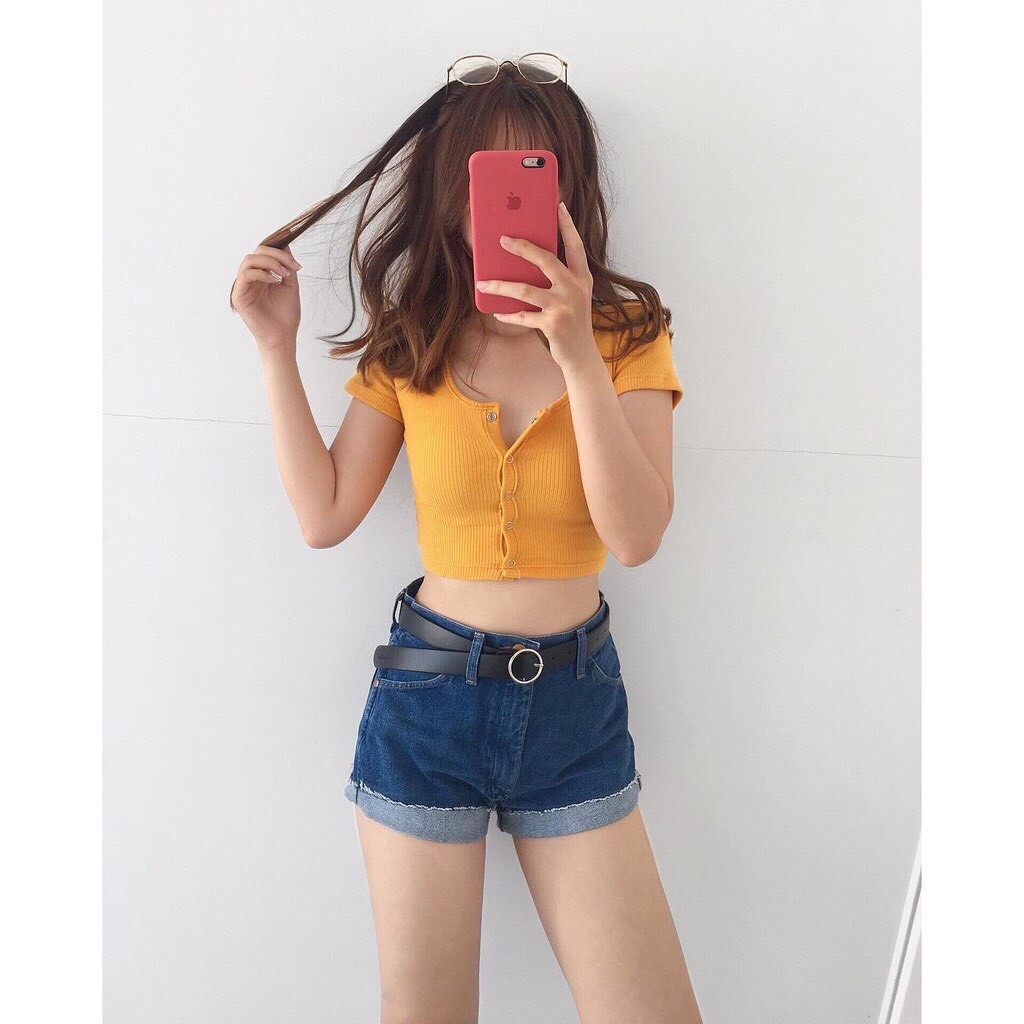 Áo croptop thun bozip phối nút bấm xinh mẫu hot siêu hot